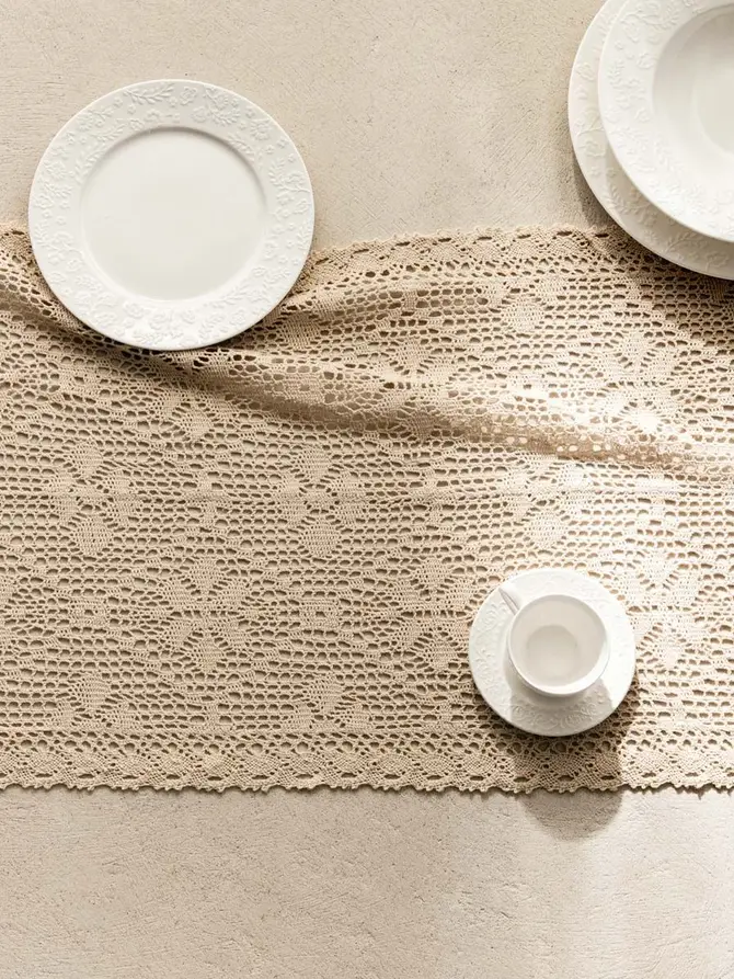 Bieżnik CROCHET szydełkowy beżowy 40x160 cm