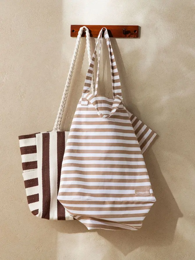 Torba plażowa RAYAS w czekoladowo-beżowe pasy 34x52x18cm