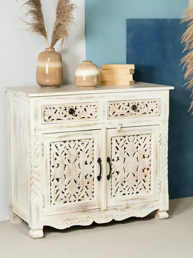 Komoda BANHI lite drewno mango żłobione 90x42x80 cm