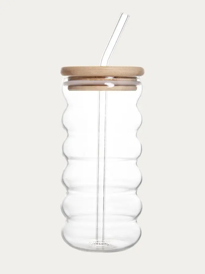 Szklanka BUBBLY SUMMER z bambusową pokrywką i szklaną słomką 0,45 l