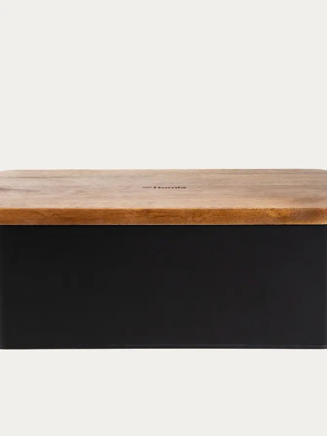 Chlebak LOMAS czarny z akacjową pokrywką 33x18x13 cm