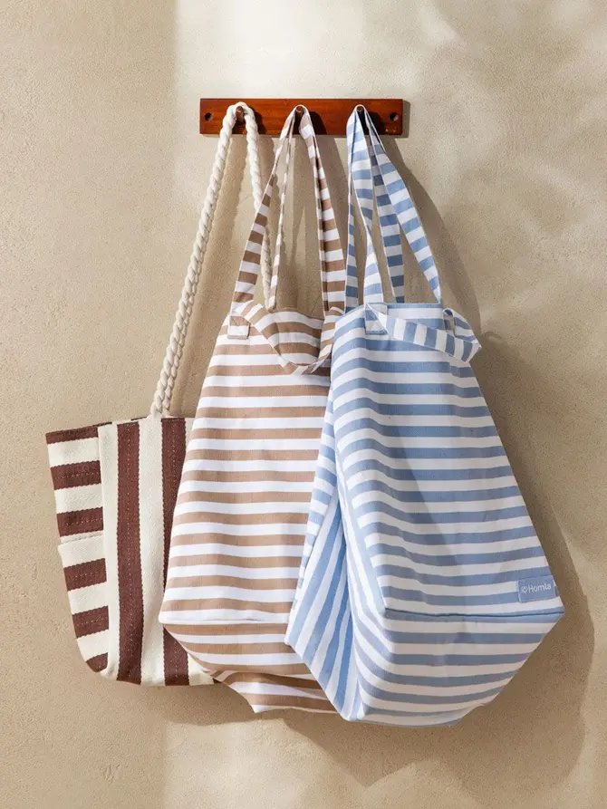 Torba plażowa TAVI bawełniana w beżowe paski 40x42x30cm
