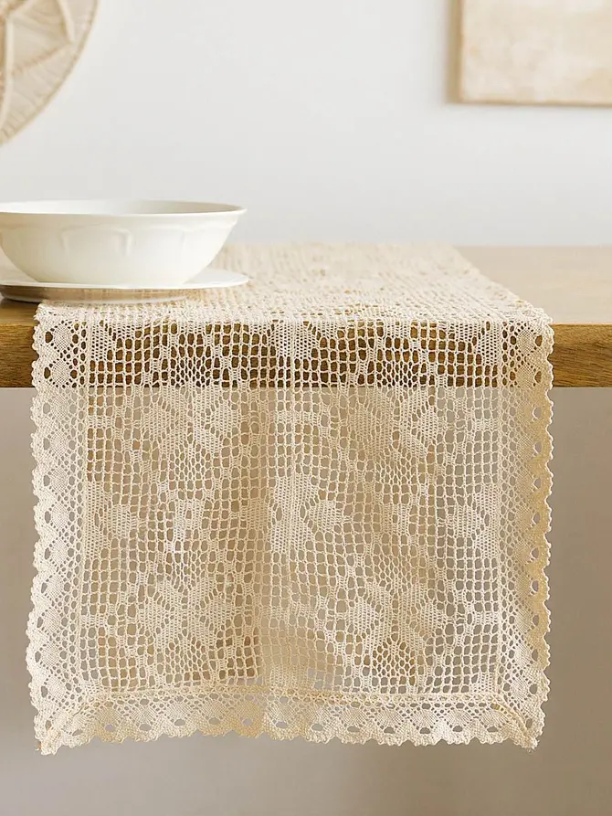 Bieżnik CROCHET szydełkowy beżowy 40x160 cm