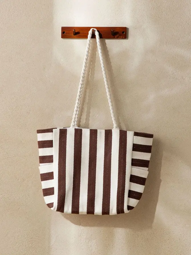 Torba plażowa RAYAS w czekoladowo-beżowe pasy 34x52x18cm