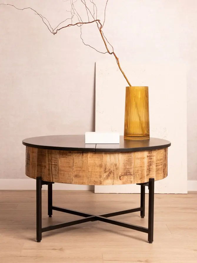 Stolik kawowy LEO lite drewno mango + metal 84x84x48 cm