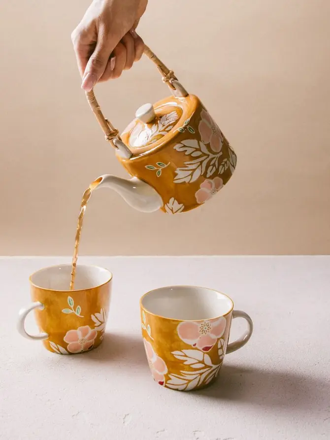 Zestaw do herbaty CERRI musztardowy w kwiaty 3 el