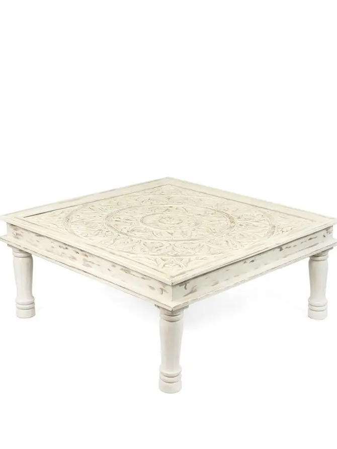 Stolik kawowy BANHI lite drewno mango żłobione 100x100x45 cm