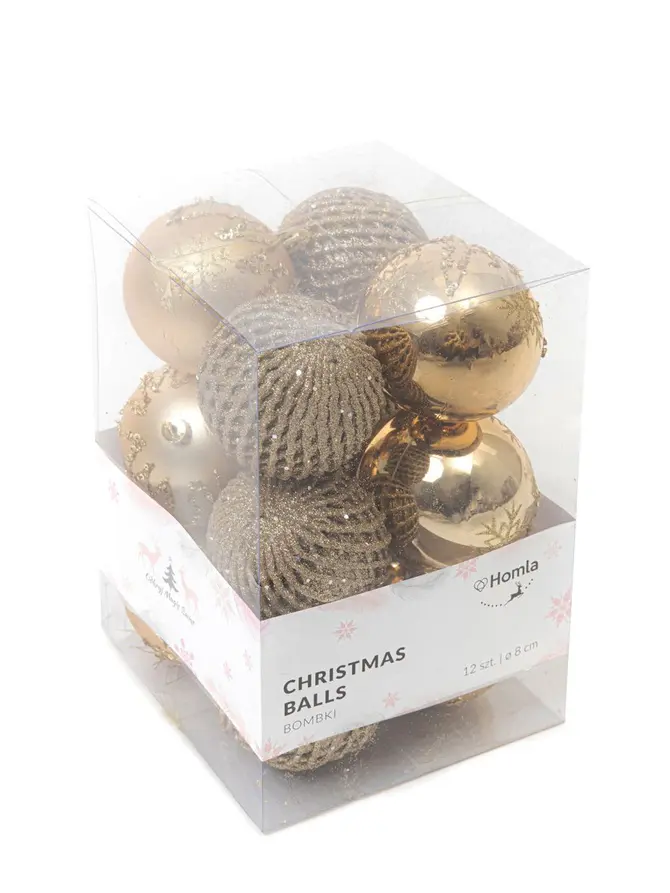 Bombki ETHAN złote z brokatowym wykończeniem, 12 szt. 8 cm