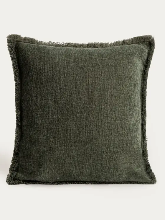 Poszewka ZAMBRA z dodatkiem lnu zielona z frędzlami 45x45 cm