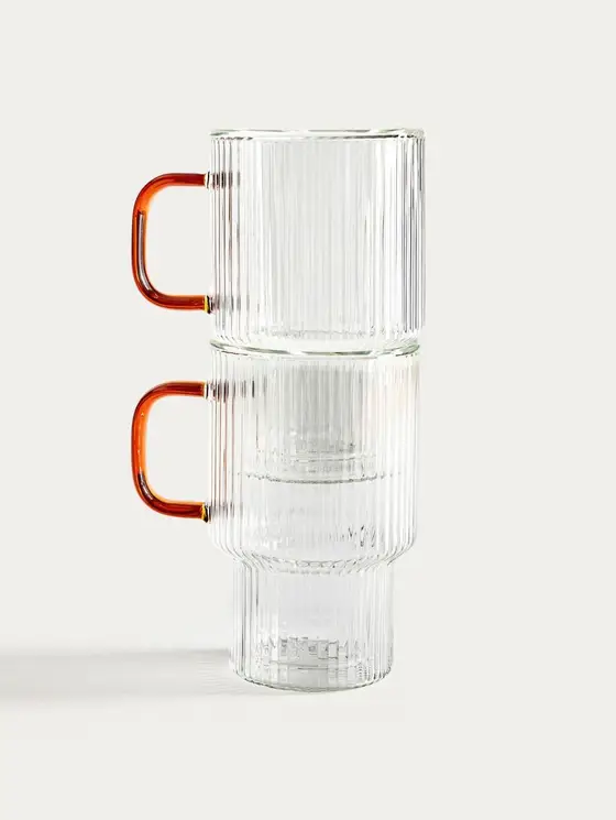 Zestaw szklanek CEMBRA ryflowanych, piętrowanych z bursztynowym uchem 2 szt. 350 ml