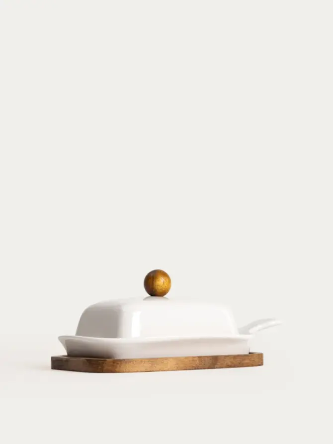 Maselniczka FINCAN porcelanowa z akacjową podstawką 22 cm