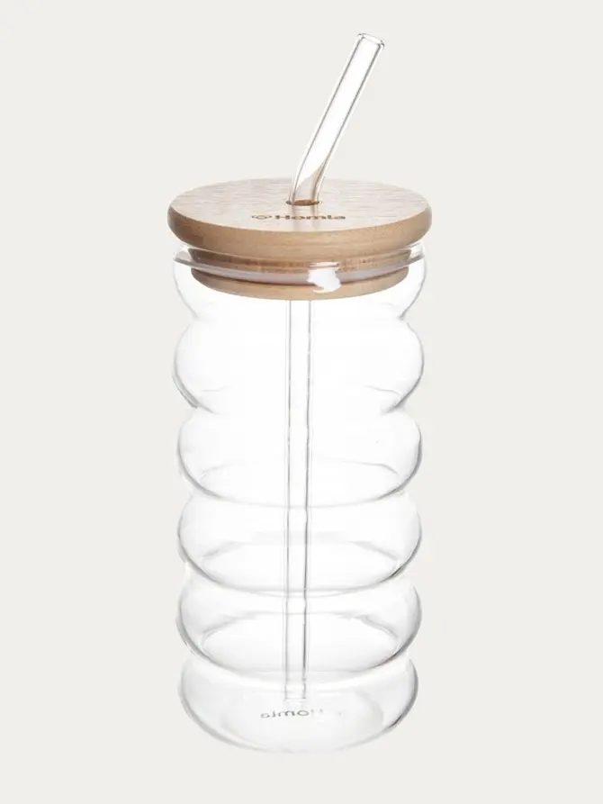 Szklanka BUBBLY SUMMER z bambusową pokrywką i szklaną słomką 0,45 l