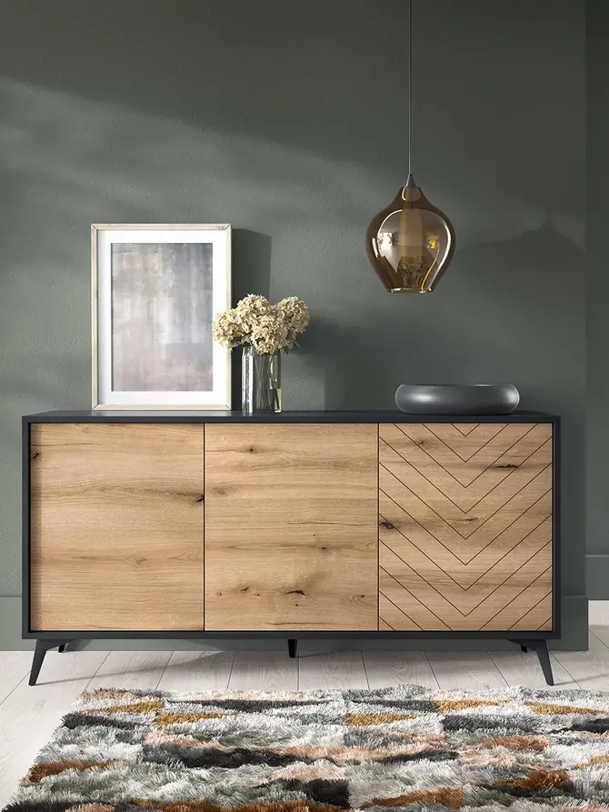 Komoda DIAMOND czarny korpus z dekorem dąb evoke na frontach 153,4x76,7x39 cm