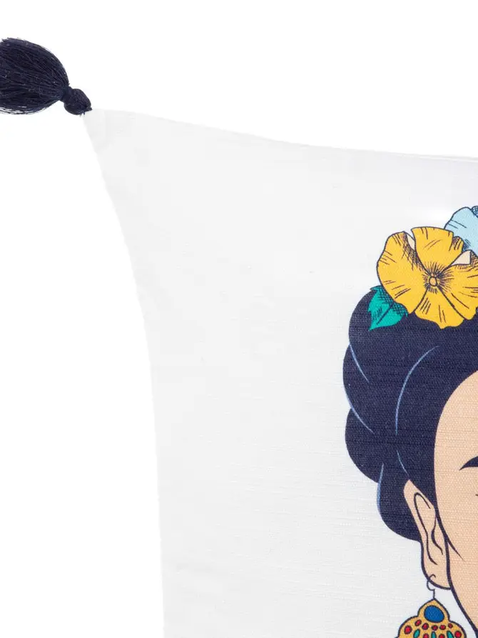 Poszewka FRIDA KAHLO z granatowymi frędzlami 45x45 cm