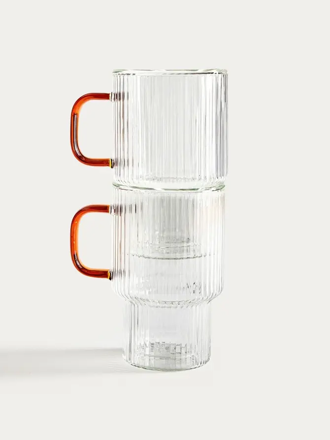 Zestaw szklanek CEMBRA ryflowanych, piętrowanych z bursztynowym uchem 2 szt. 350 ml